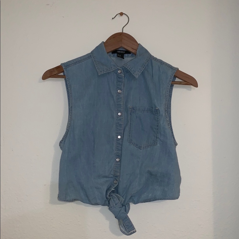 Cropped Denim Tie-Blouse